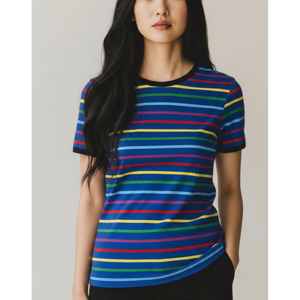 ModCloth Womens Rainbow Stripe Ringer Tee Blue Short Sleeve Crew Neck Top M
